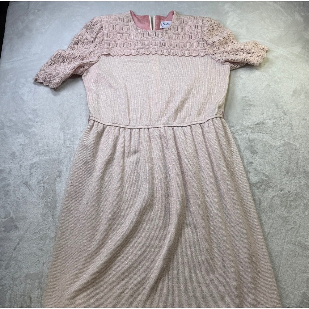Vintage 70s 80s Leslie Fay Sweater Dress Size 18 Pink Knit Crochet Sleeve USA